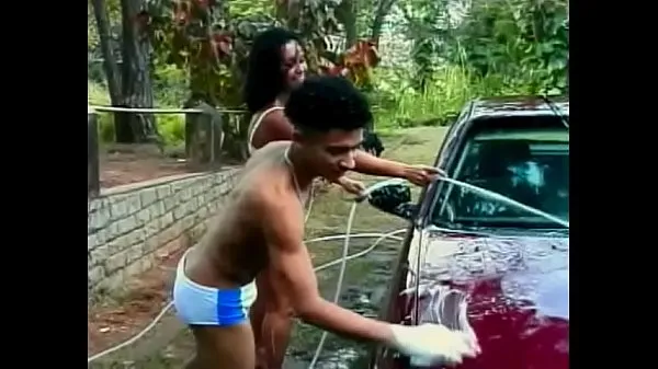 Car washing turned for juicy Brazilian floozie Sandra into nasty double-barreled threesome outdoor action
